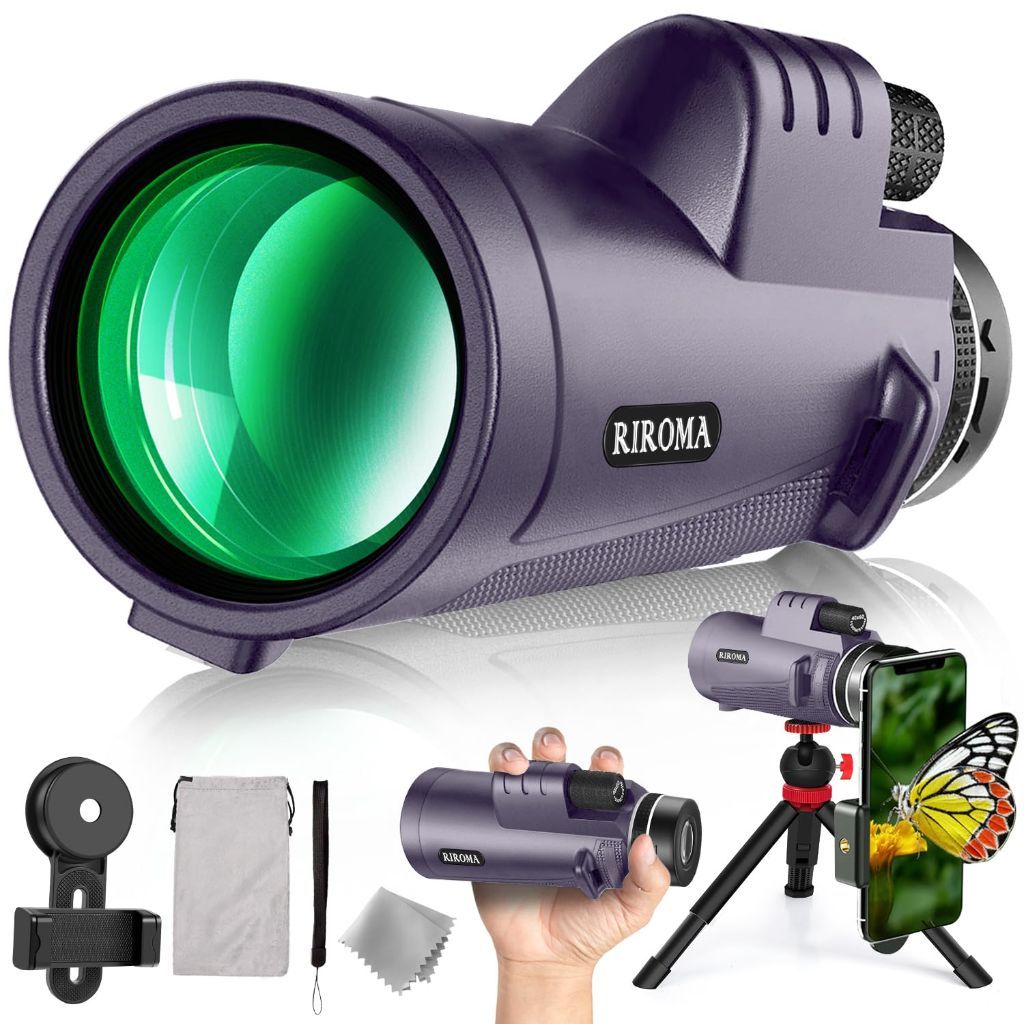 40X60 Power Prism Compact Monocular Telescope with Smartphone Holder & Tripod - Purple