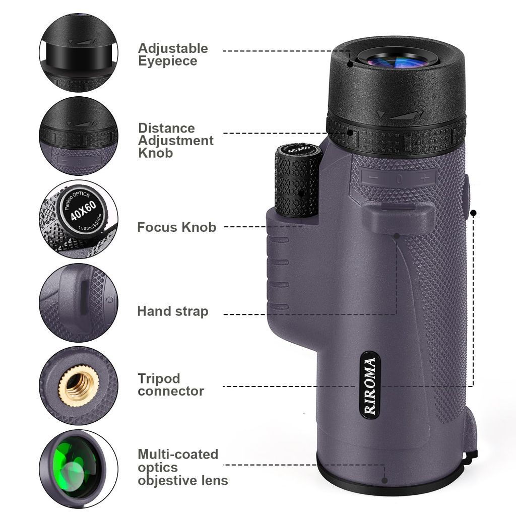 40X60 Power Prism Compact Monocular Telescope with Smartphone Holder & Tripod - Purple