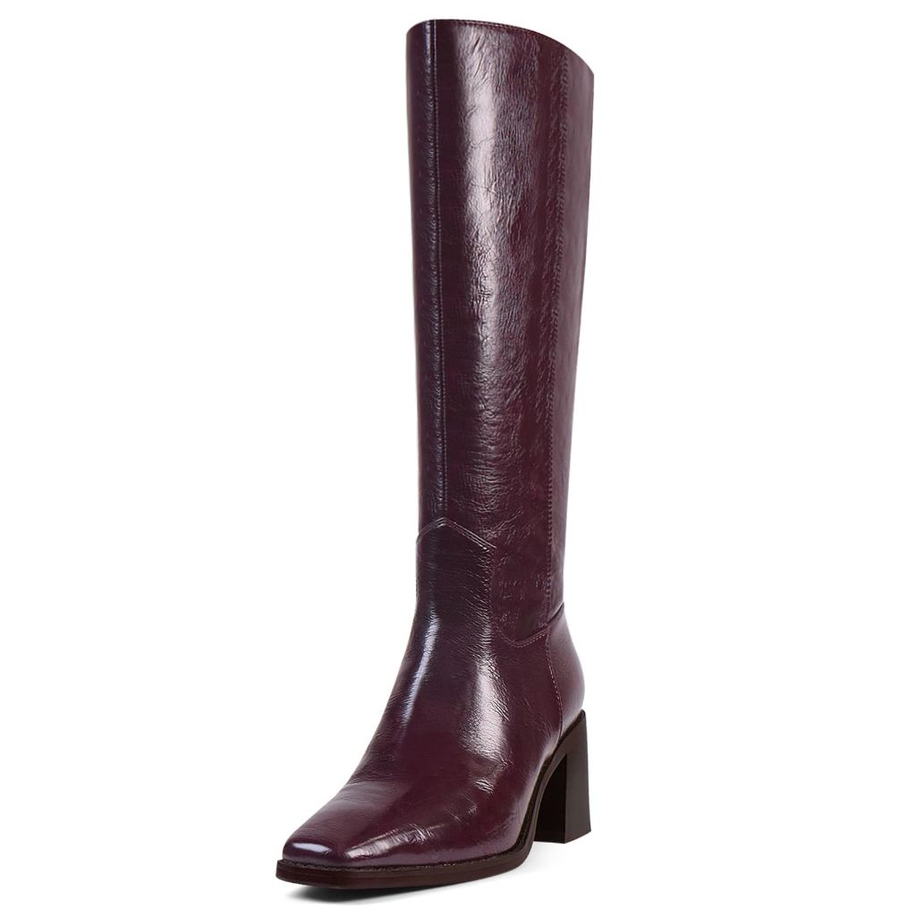 VOZTOLLS Women's Square Toe Block Heel Knee High Boots, Burgundy, SZ 11