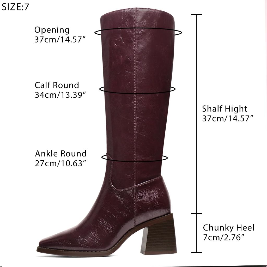 VOZTOLLS Women's Square Toe Block Heel Knee High Boots, Burgundy, SZ 11