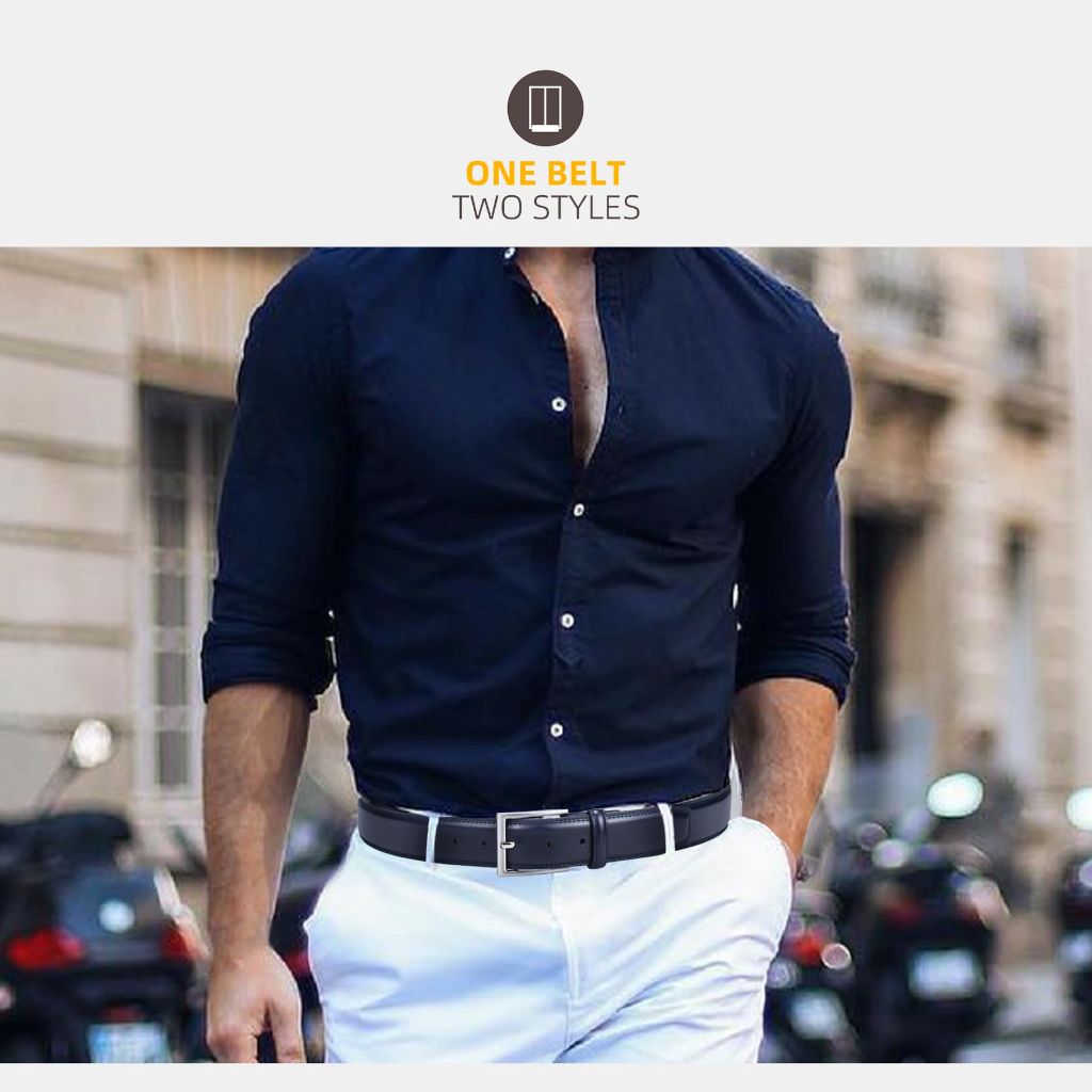 LCG LUCHENGYI Men'ss Genuine Leather Dress Belt with Single Prong Buckle - Blue, 32" (Waist: 30)