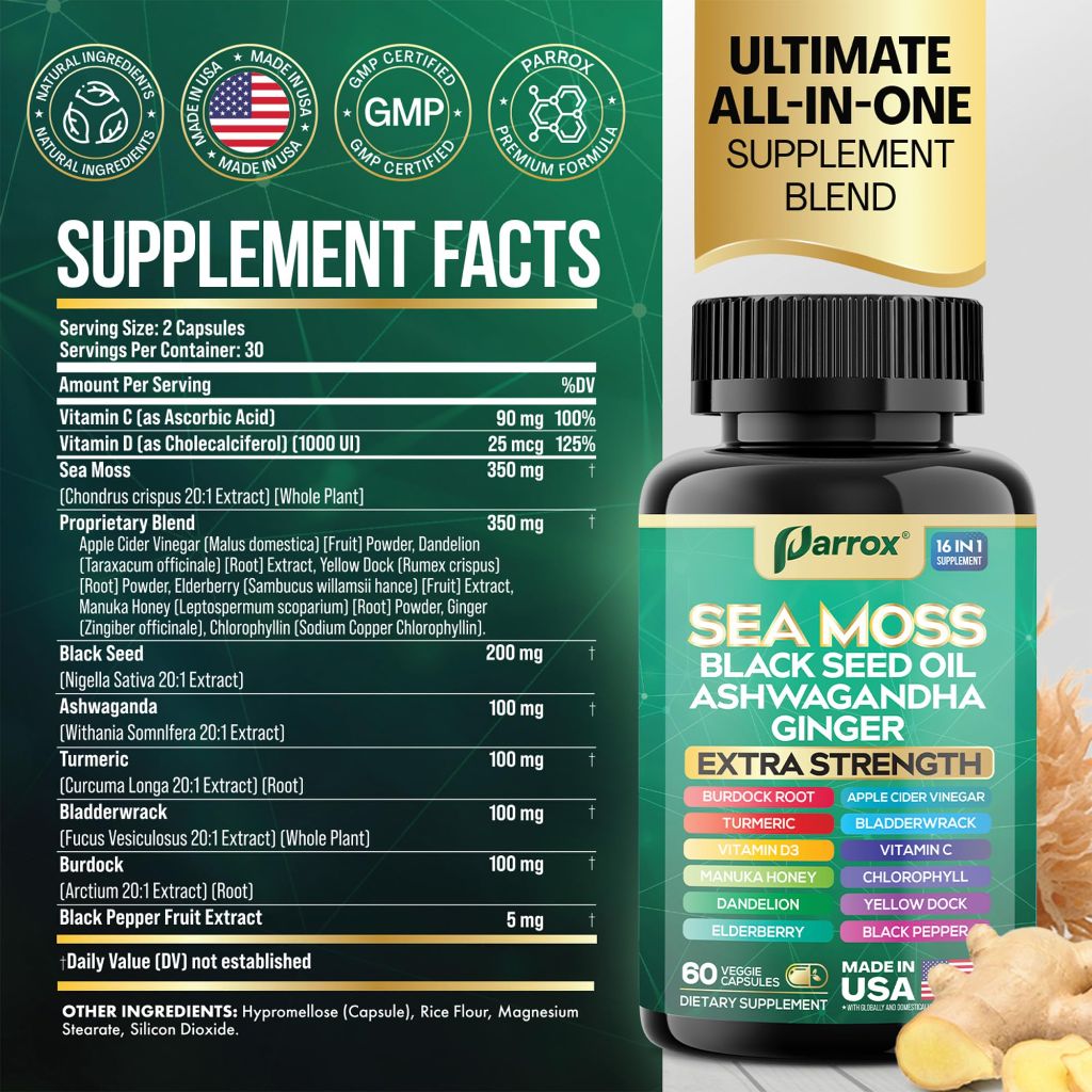 Parrox Sea Moss w/Black Seed Oil, Ashwagandha - 60 Caps
