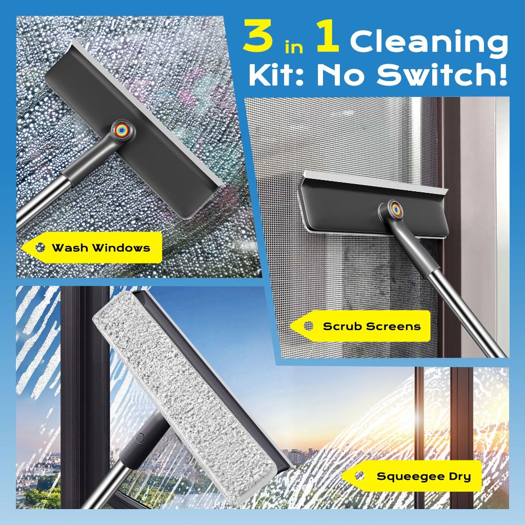 Window Squeegee Tool with Extension Pole, 3 Microfiber Cloths, and Screen Brush