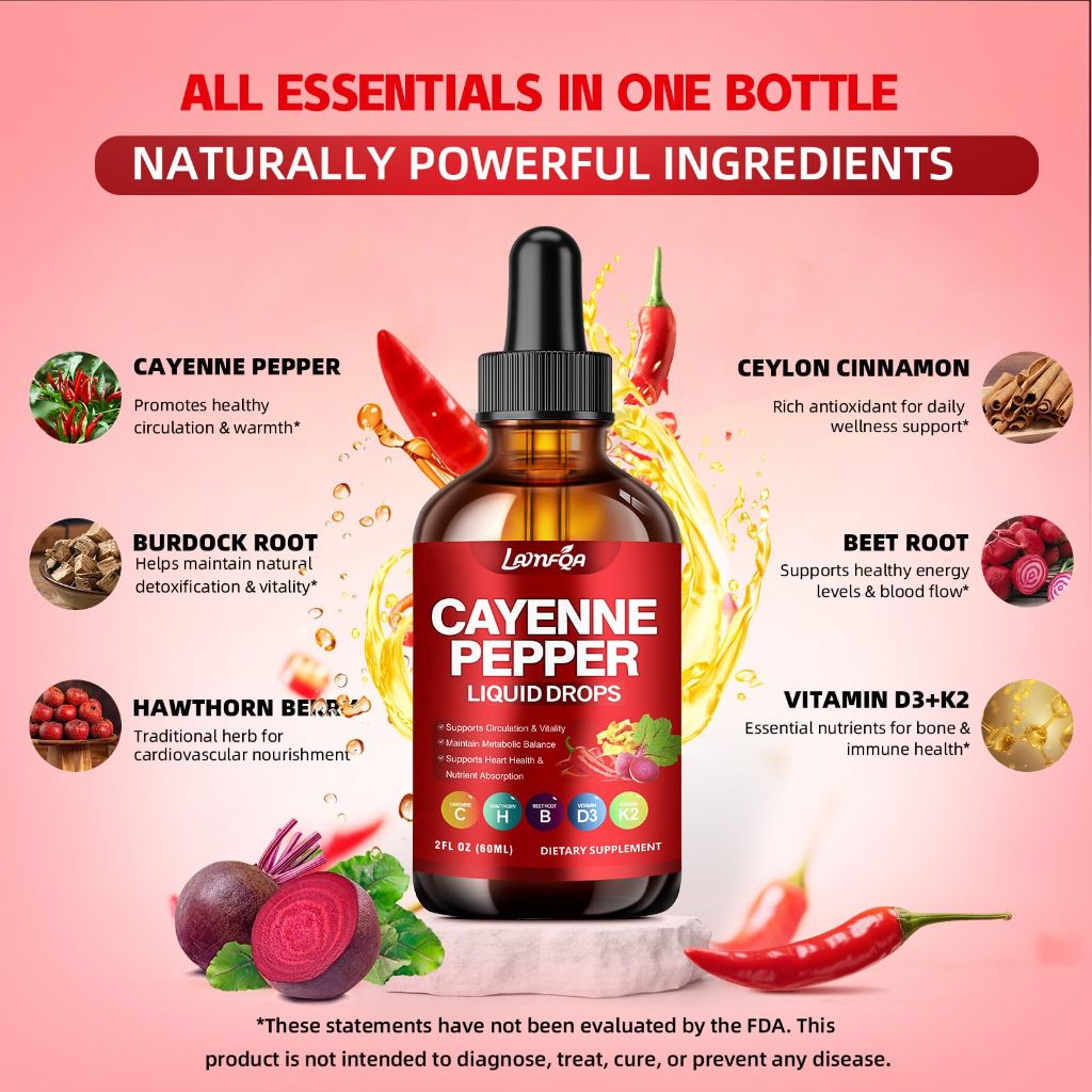 Cayenne Pepper Liquid Drops - Vegan, Non-GMO, High Absorbed Gentle Formula - 2 OZ
