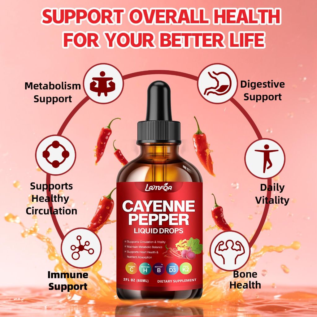 Cayenne Pepper Liquid Drops - Vegan, Non-GMO, High Absorbed Gentle Formula - 2 OZ