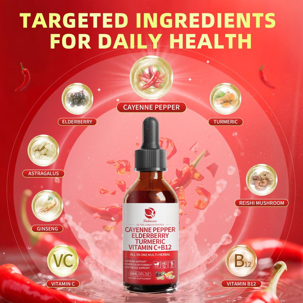 Cayenne Pepper Drops, 8-in-1 Complex - Fast Absorbing Berry Flavor, 2 FL OZ