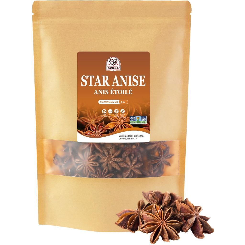 52USA Star Anise Whole, 4 Ounce (Pack of 1), NON-GMO Verified Chinese Star Anise Whole, Dried Star Anise Pods for Tea and baking