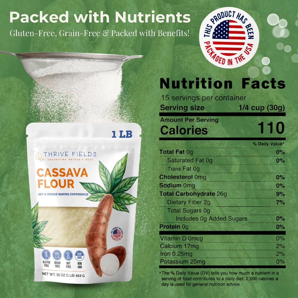 THRIVE FIELDS Cassava Flour - All-Purpose Yuca Root Flour for Baking - 1 lb Bag