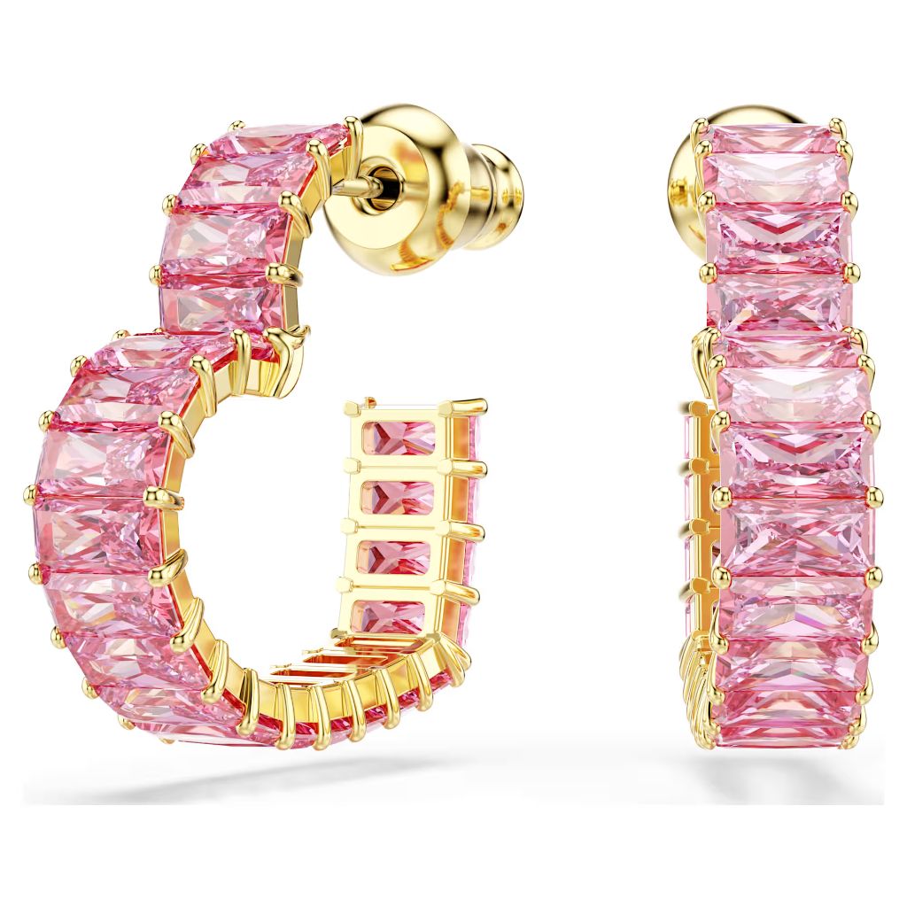 Swarovski Matrix Hoop Earrings - Baguette Cut, Small Hearts, Pink, 18k Gold Finish (5706340)