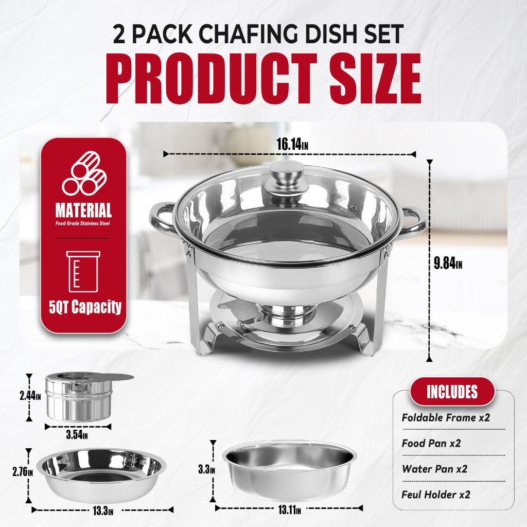 IMACONE Chafing Dish Buffet Set of 2, 5QT Round Stainless Steel Chafer for Catering in Glass Lid
