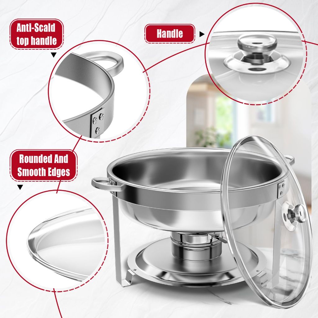 IMACONE Chafing Dish Buffet Set of 2, 5QT Round Stainless Steel Chafer for Catering in Glass Lid