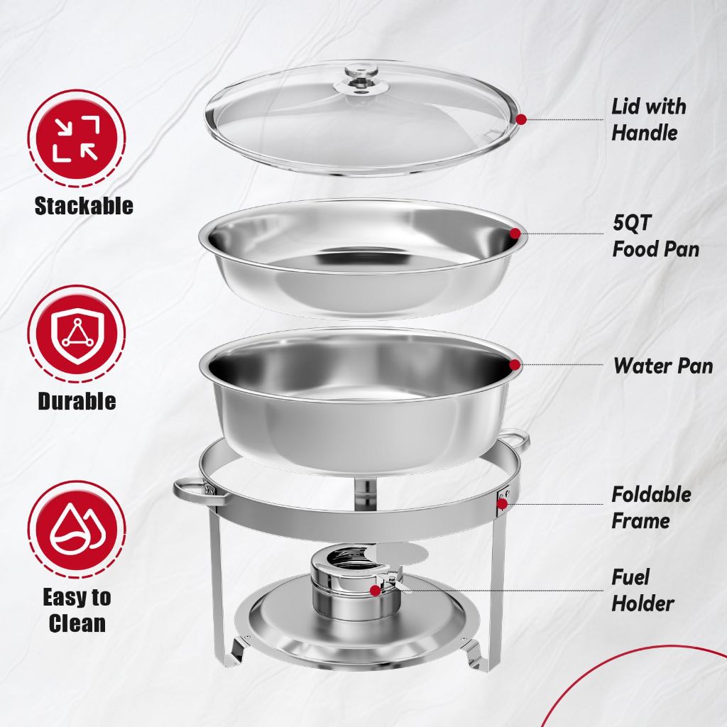 IMACONE Chafing Dish Buffet Set of 2, 5QT Round Stainless Steel Chafer for Catering in Glass Lid