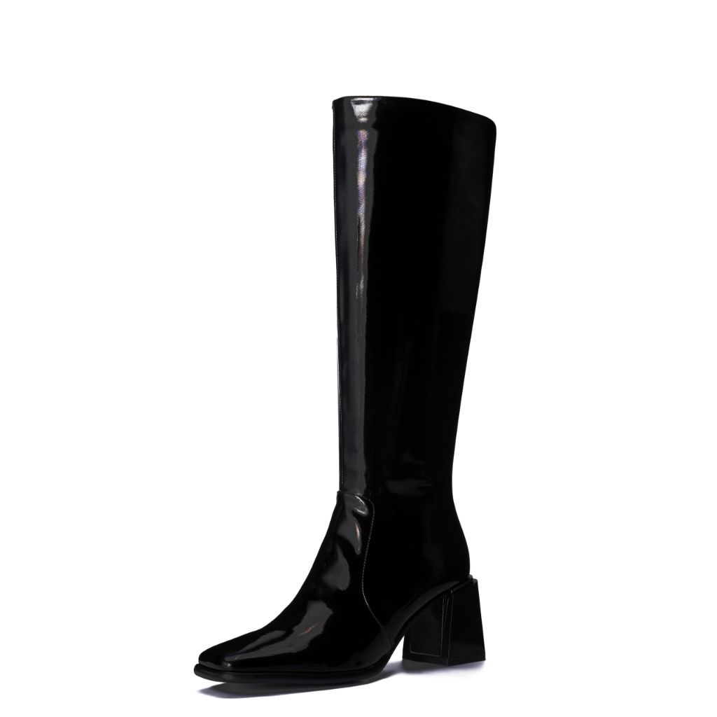SZ 6.5M, Feetquake- Women's Knee High Boots, Block Metal Heel, Square Toe, Side Zipper -Soft Black Leather Classic