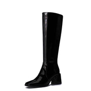 SZ 6.5M, Feetquake- Women's Knee High Boots, Block Metal Heel, Square Toe, Side Zipper -Soft Black Leather Classic