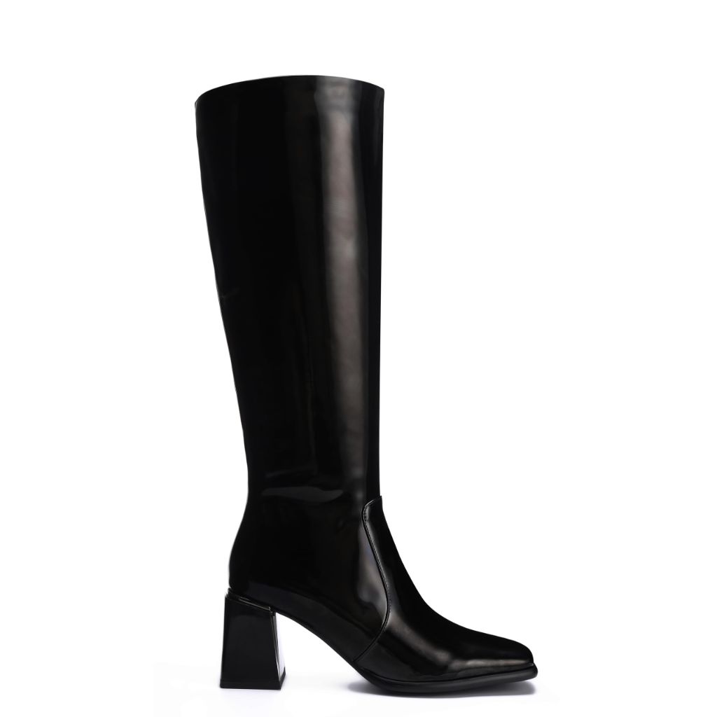SZ 6.5M, Feetquake- Women's Knee High Boots, Block Metal Heel, Square Toe, Side Zipper -Soft Black Leather Classic