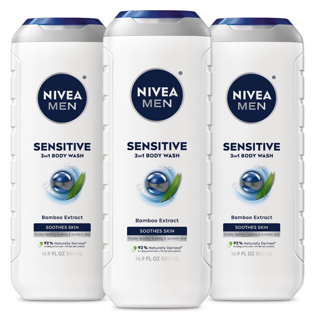 NIVEA MEN Sensitive Body Wash with Bamboo Extract, 16.9 Fl Oz Bottle, Pack of 3