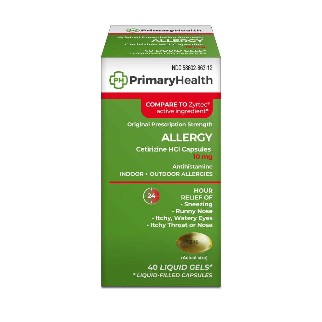 Primary Health Allergy Cetirizine HCI Capsules, 10mg Soft gel, 40 Count