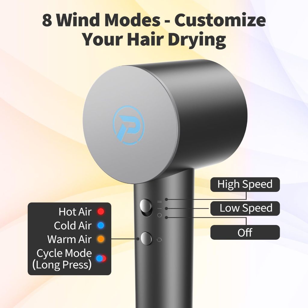 Panergy Professional Hair Dryer with Diffuser, Ionic Blow Dryer, 8 Wind Modes, Magnetic Nozzles, 110,000 RPM (Black)