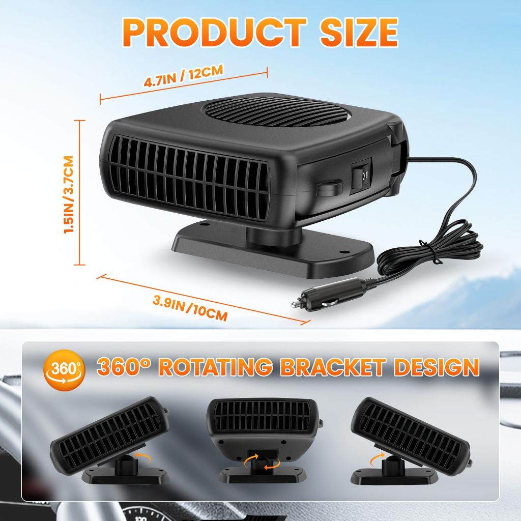 Blytra Portable Car Heater with Fast Heating and Cooling, Electronic Auto Fan Heater 12V 200W, 360° Rotatable Auto Fan for Effective Windshield Defrosting and Defogging in Vehicles, Black