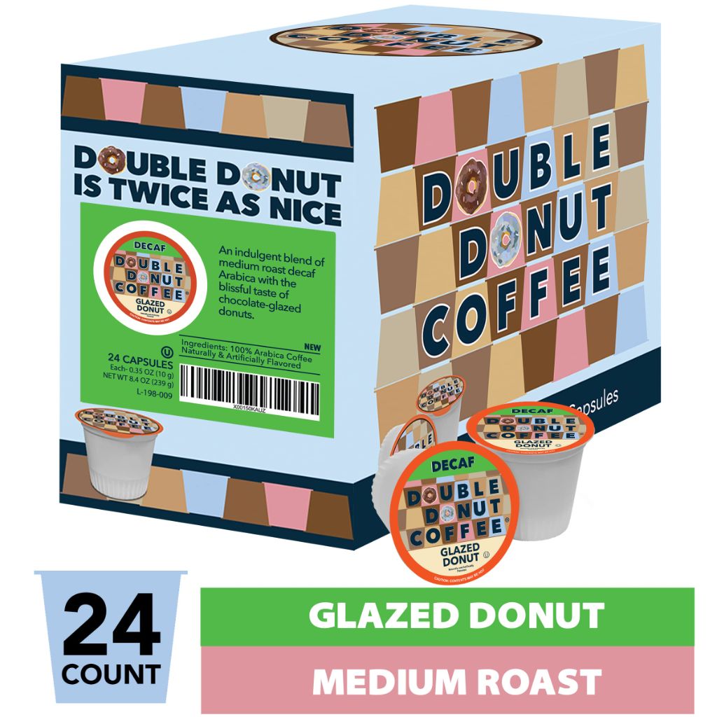 Double Donut Coffee Medium Roast Decaf Coffee Pods, Glazed Donut Flavored, 24 Capsules