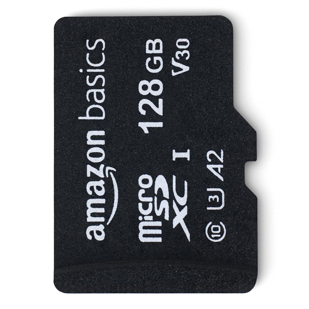 Amazon Basics microSDXC Memory Card with Full Size Adapter, A2, U3, Read Speed up to 100 MB/s, 128GB, Black