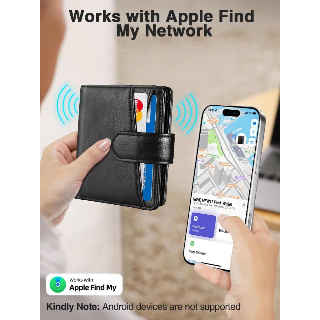HiWe Bifold Wallets with Smart Anti-Loss Find My Tracker, RFID - Black