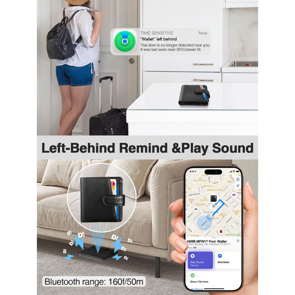 HiWe Bifold Wallets with Smart Anti-Loss Find My Tracker, RFID - Black