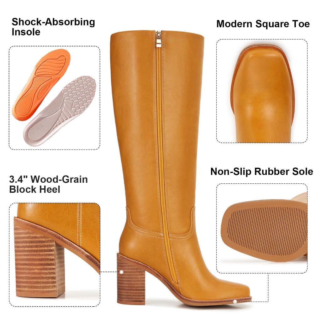 AITTA Women’s Knee High Boots – Fits Calf Sizes 13.3″–16.6″ (Sizes 5-12) | Ideal for Fuller Calves, Not for Extra-Wide Calves | Comfort Block Heel, Square Toe, Side Zip, Straw Yellow, Size 8