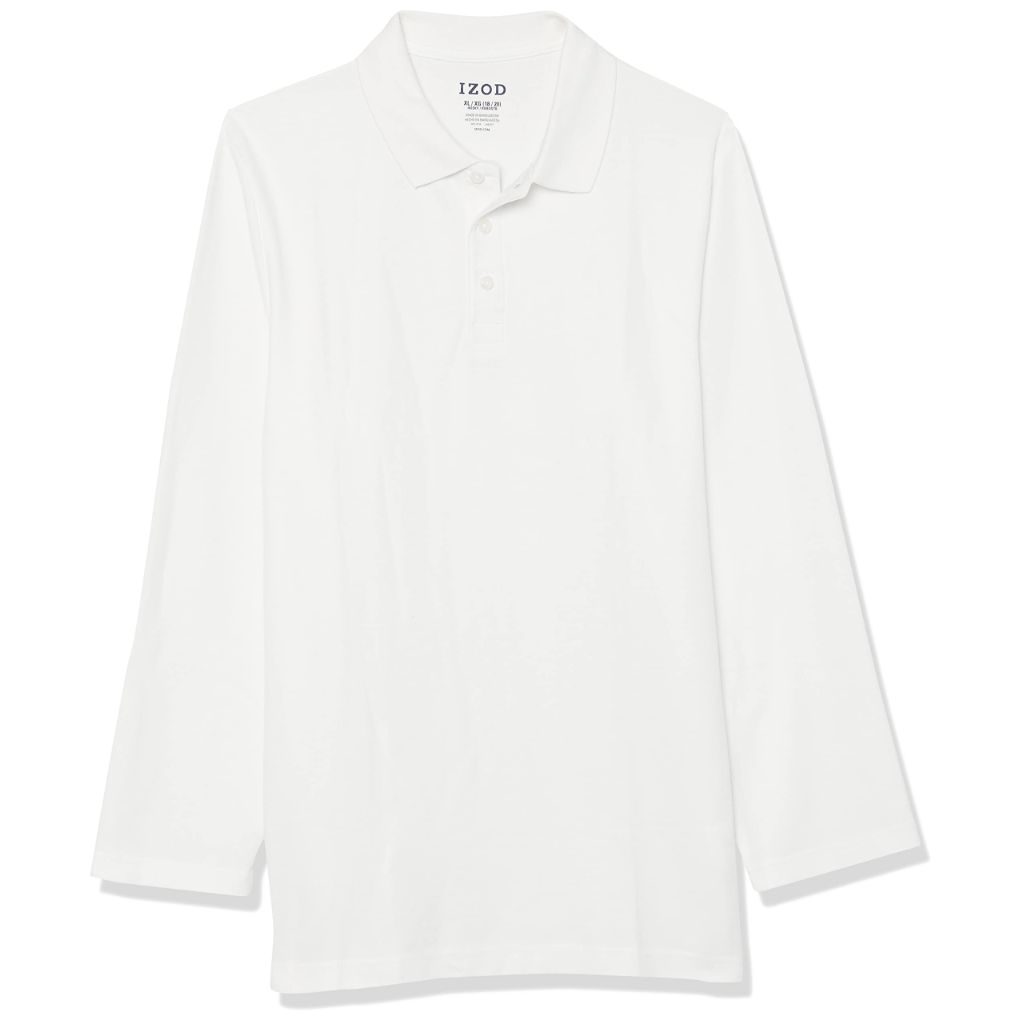 Izod Boys' School Uniform Adaptive Long Sleeve Pique Polo with Velcro Closure, White, 8