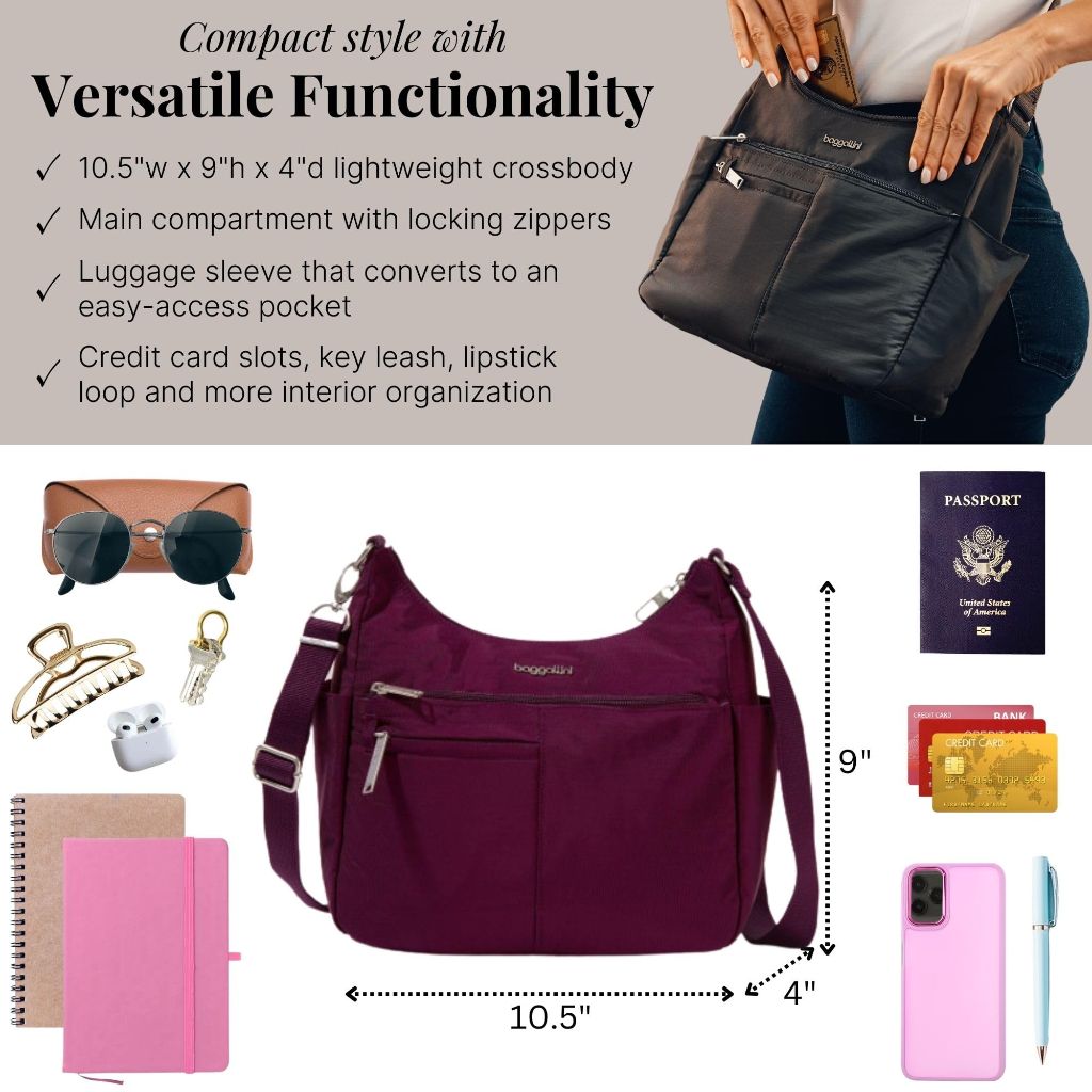Baggallini Securtex Anti-Theft Free Time Crossbody Bag - Mulberry, (10.5"x9")