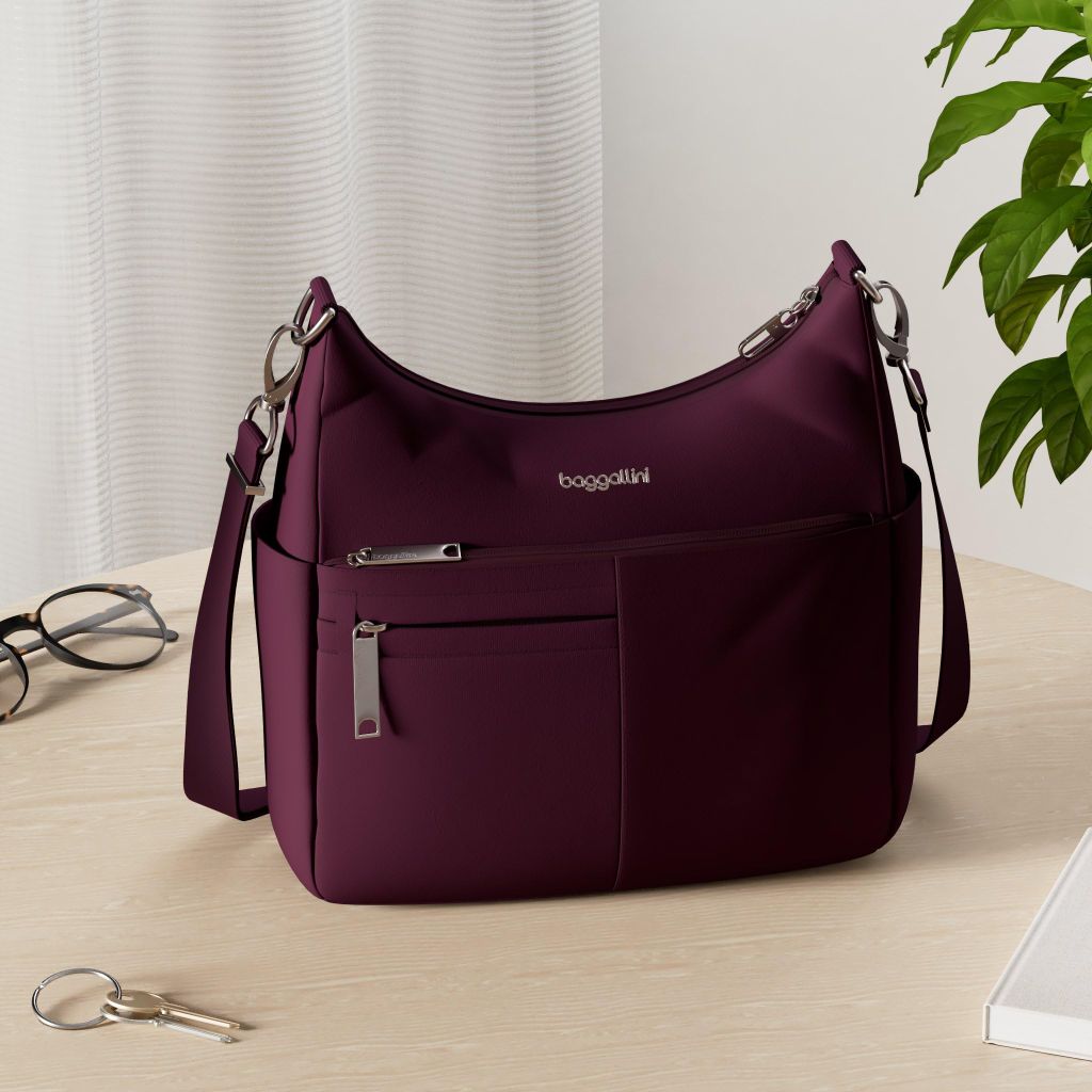 Baggallini Securtex Anti-Theft Free Time Crossbody Bag - Mulberry, (10.5"x9")