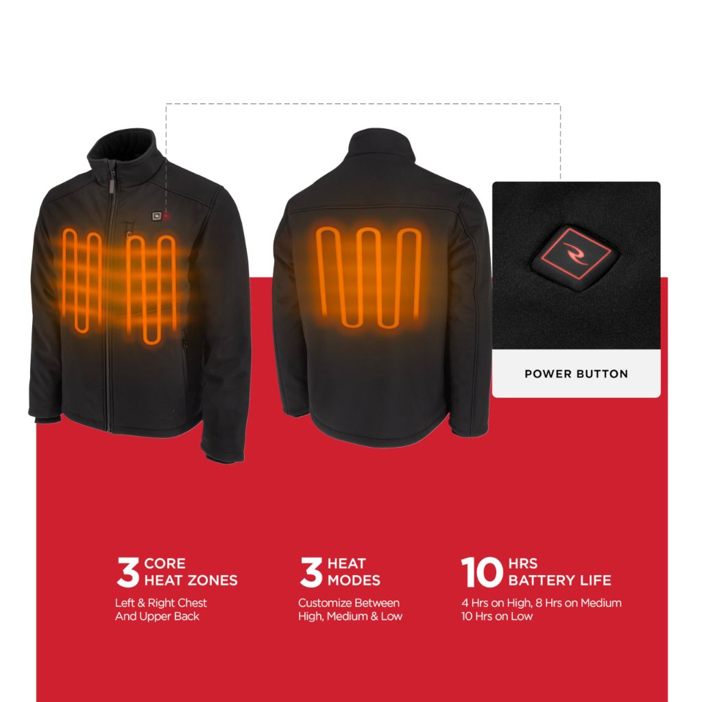 Radians RHG-J100 Men's Cold Weather Apparel - Soft Shell Heated Jacket Kit with Battery - Black - Size XL