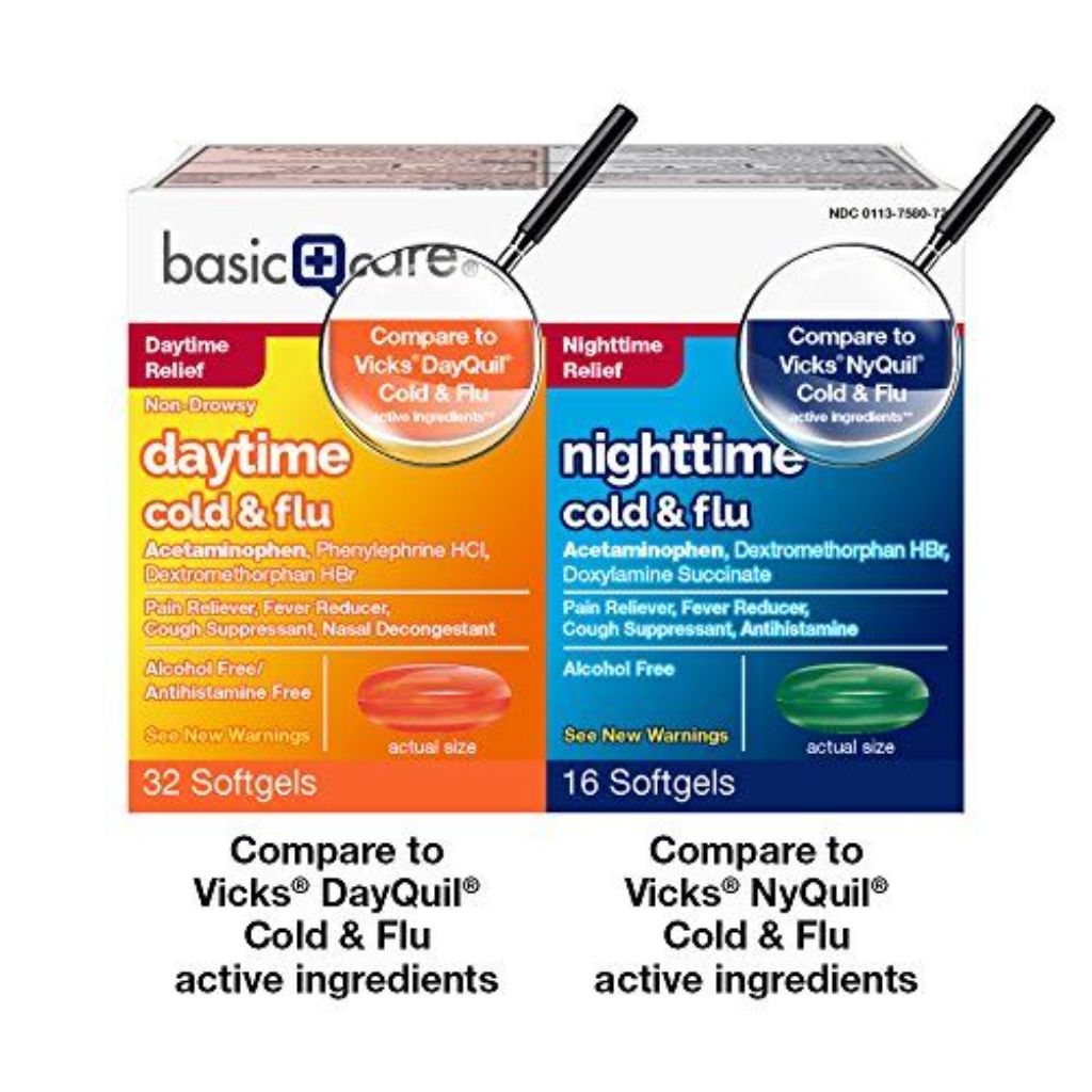 Amazon Basic Care Cold & Flu Relief Multi-Symptom Daytime/Nighttime Combo Pack - 48 Softgels