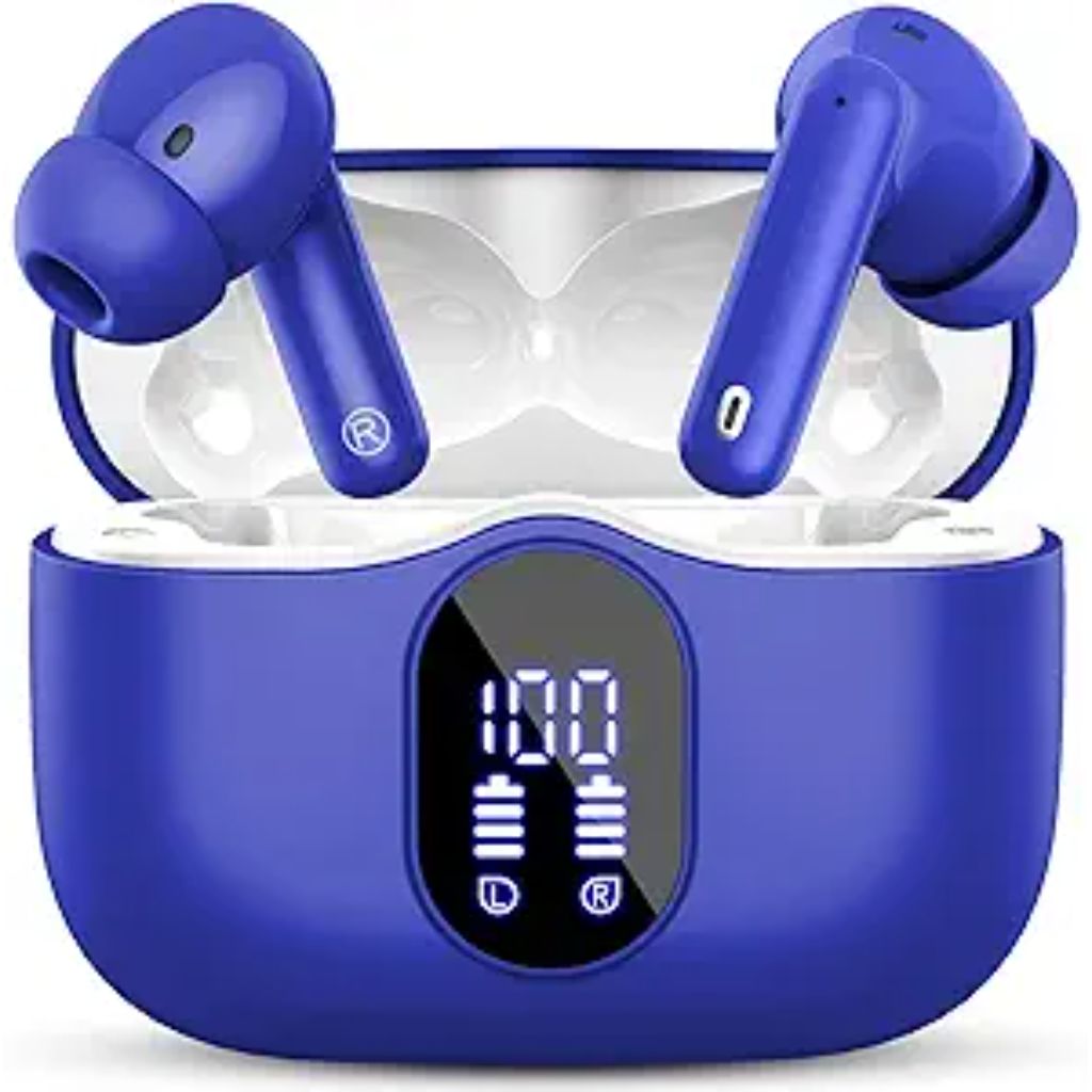 A90 Pro True Wireless Bluetooth 5.4 Earbuds, Bass Stereo, Noise Cancelling Mic, LED Display - Blue