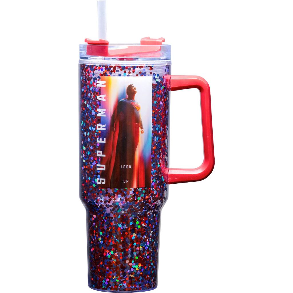 Spoontiques Superman Legacy 40oz Acrylic Travel Mug - Double Wall Acrylic with Sliding Lock Travel Lid and Straw - 11" Tall