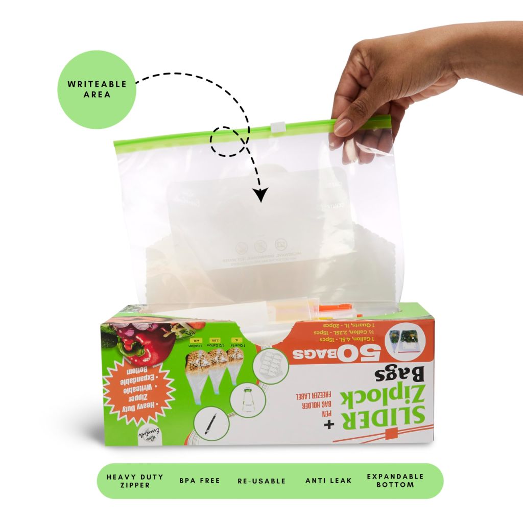 2Cee Essentials Reusable Slider Freezer Bags with Labels - 50-Piece Set (3 Sizes)