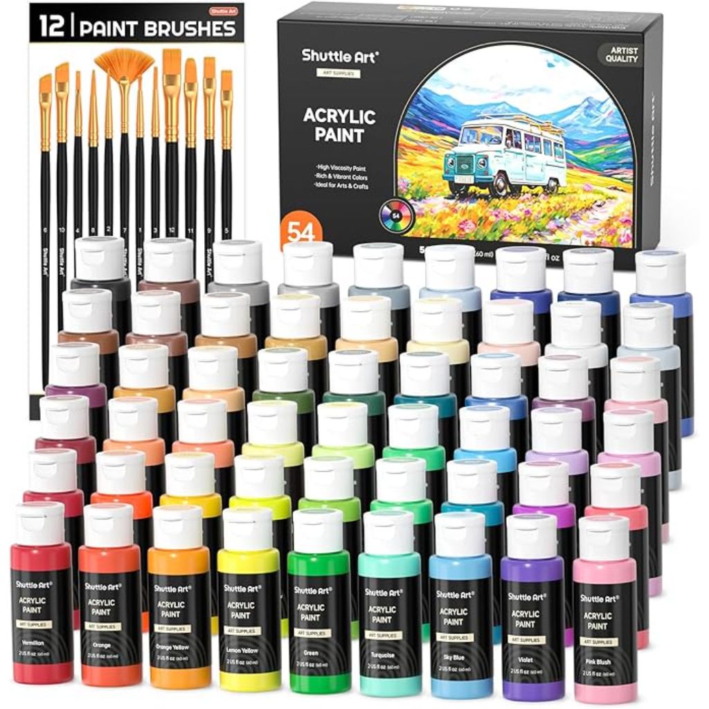 HissiCo Acrylic Paint 54 Colors with 12 Paint Brushes, (2 fl oz Bottles)