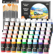 HissiCo Acrylic Paint 54 Colors with 12 Paint Brushes, (2 fl oz Bottles)