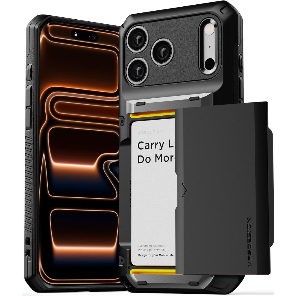 VRS DESIGN Glide Pro Card Holder Case for iPhone 17 Pro Max (2025), Sturdy Semi Auto Card Slot Wallet - Matte Black