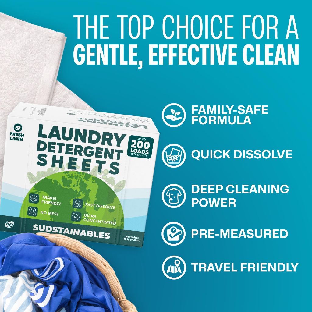 Sudstainables Laundry Detergent Sheets - Fresh Linen, 100 Sheets (Up to 200 Loads)