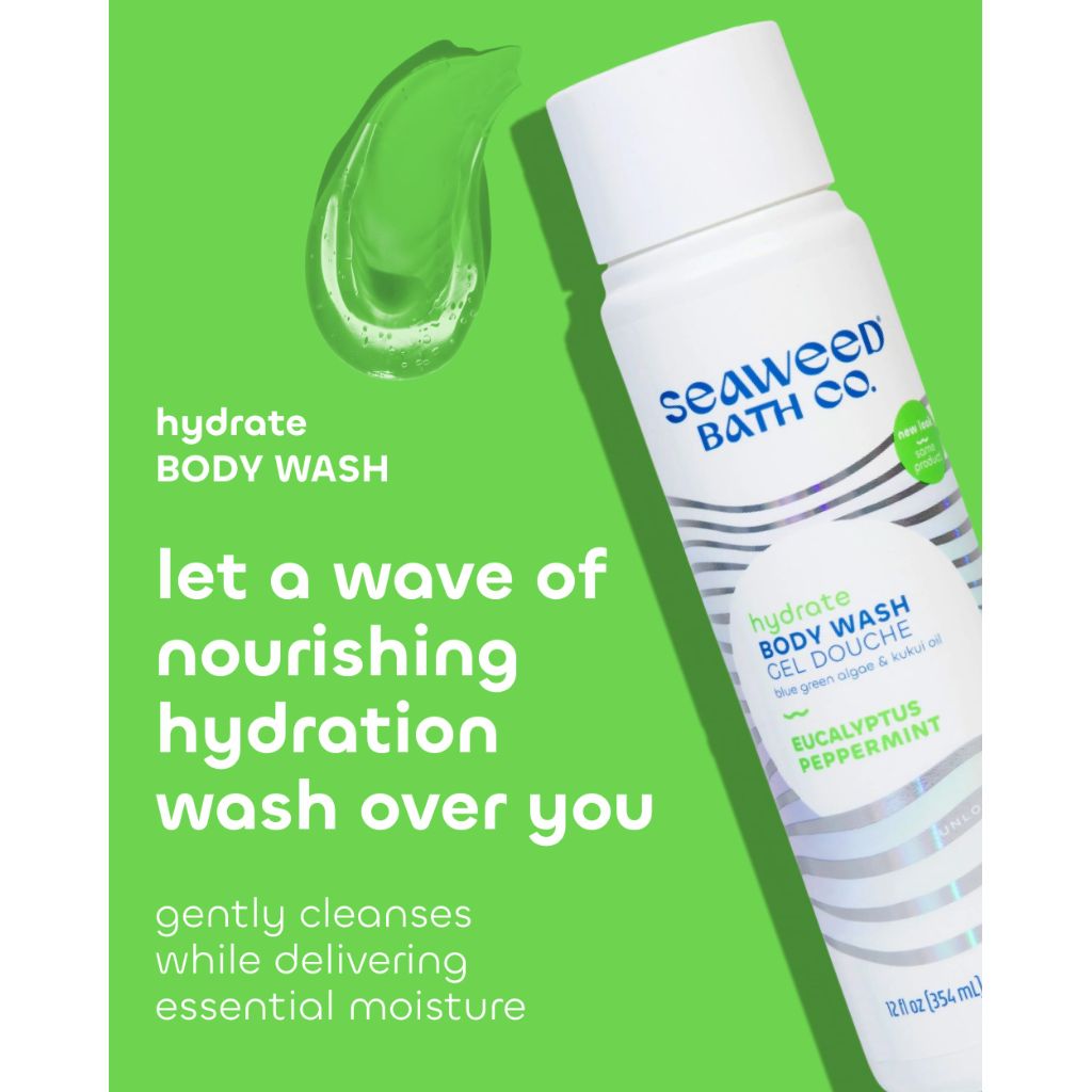 Seaweed Bath Co. Hydrate Body Wash - Eucalyptus Peppermint - Hydrating Lathering Cleanser with Nourishing Natural Ingredients - Vegan, Paraben and Sulfate Free Shower Gel - 12 oz