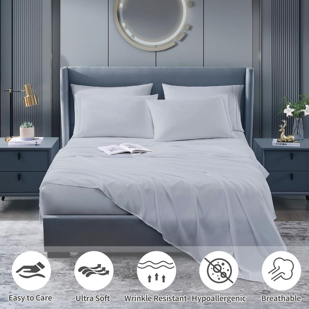 DAYIH Cooling Sheets - Deep Pocket, Light Grey, Queen Sheet Set 6 Pieces