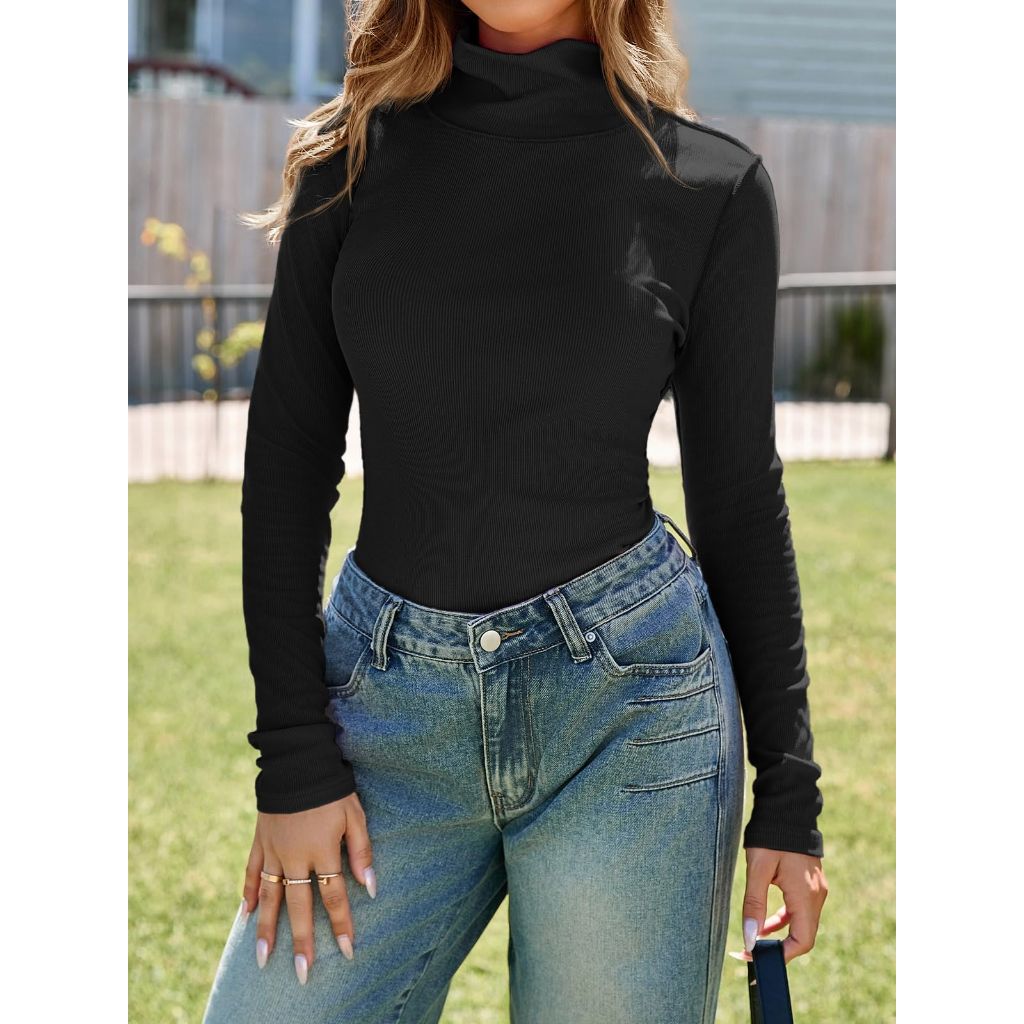 Tankaneo Women's Mock Turtle Neck Long Sleeve Thermal Shirt - Black, Large