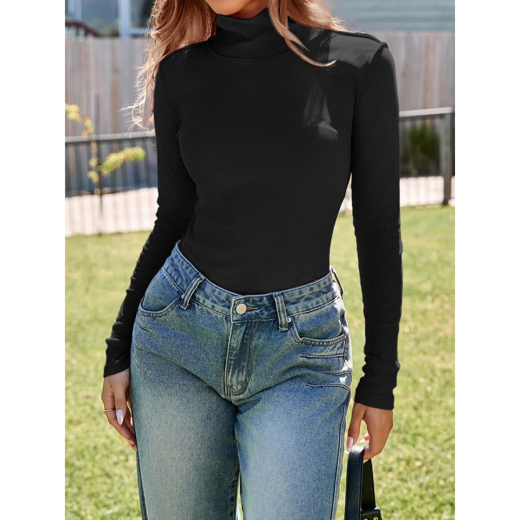 Tankaneo Women's Mock Turtle Neck Long Sleeve Thermal Shirt - Black, Large