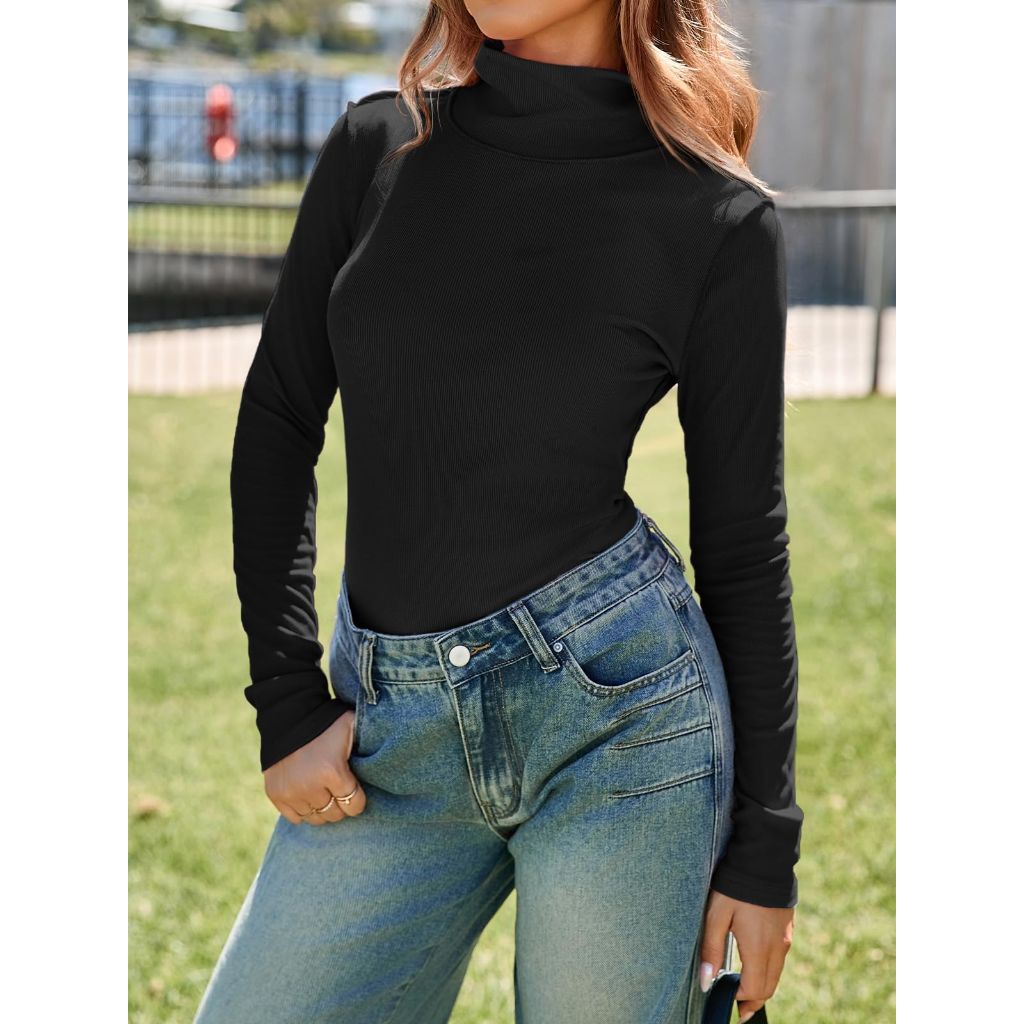 Tankaneo Women's Mock Turtle Neck Long Sleeve Thermal Shirt - Black, Large