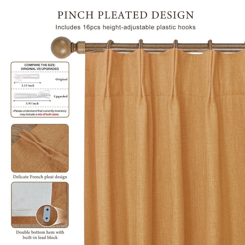 IVAPUPU Linen Pinch Pleated 100% Blackout Curtains - Orange Gold, 40" Wide x 95" Long (2 Panels)
