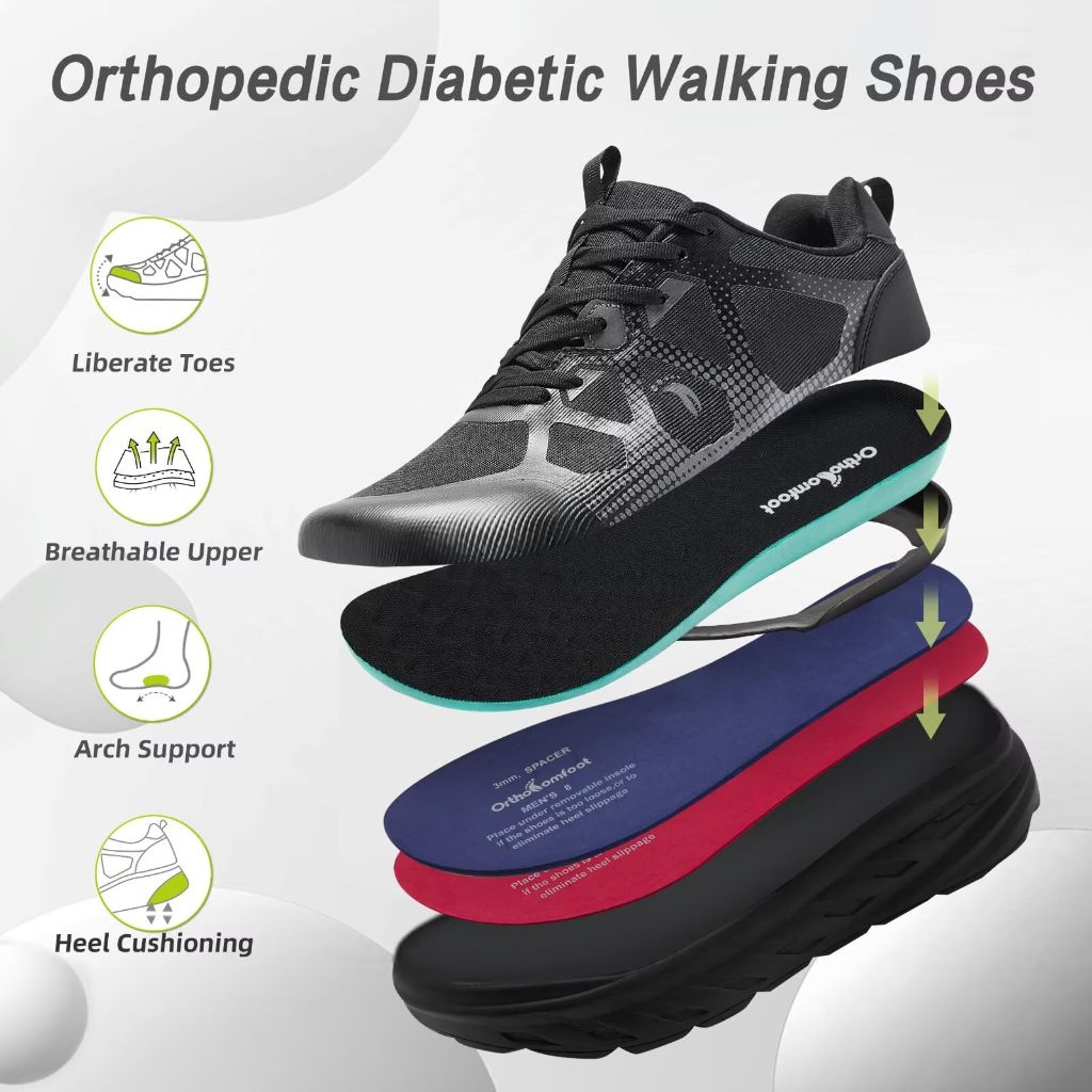 OrthoComfoot Men's Orthopedic Diabetic Extra Wide Walking Shoes - Black, Size 11.5