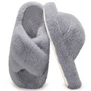 FHILEPON Women's Memory Foam Cross Band Fuzzy Slippers -Gray, Size 7/8