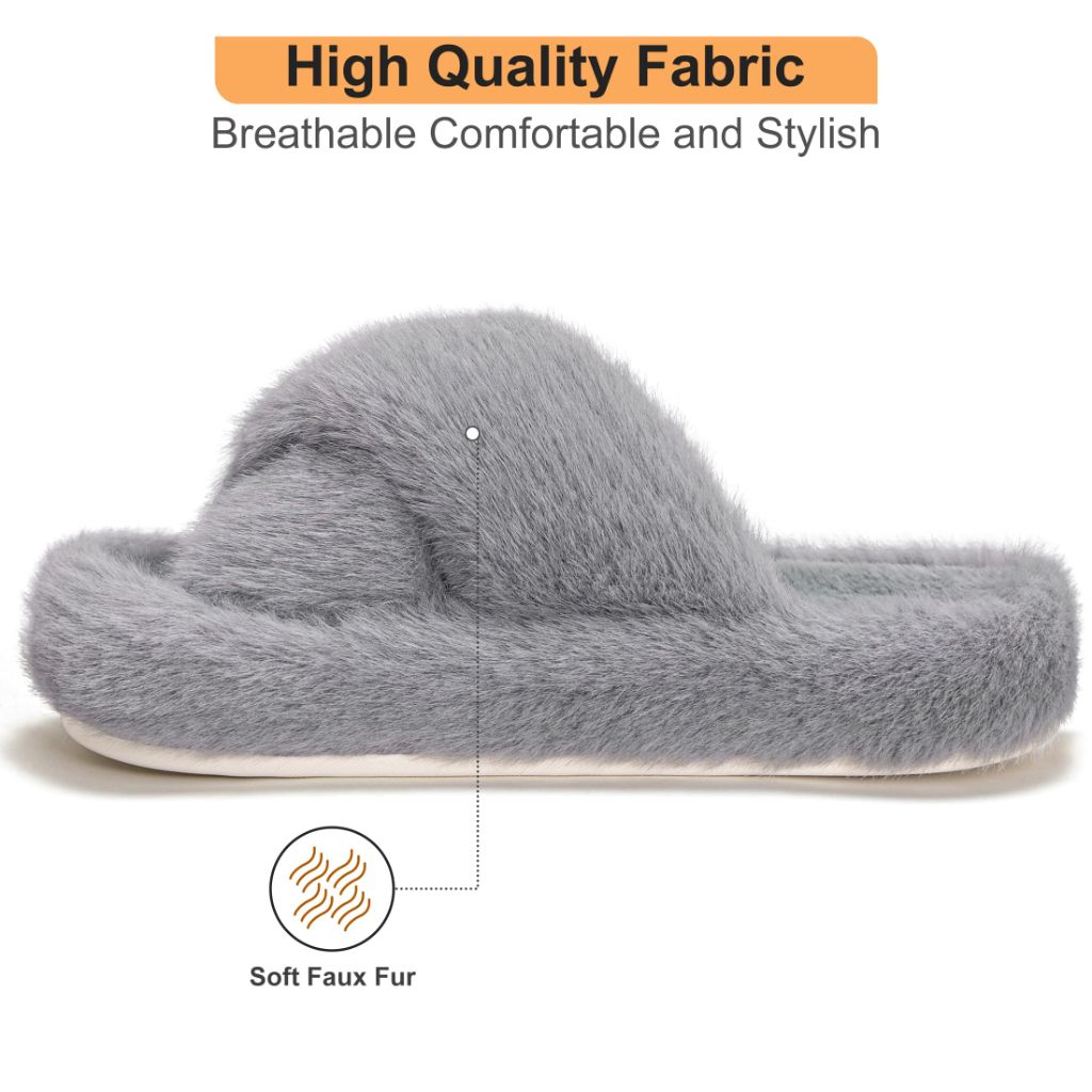 FHILEPON Women's Memory Foam Cross Band Fuzzy Slippers -Gray, Size 7/8