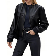 Ommiivex Women's Cropped Faux Leather Jacket, Black, SZ M